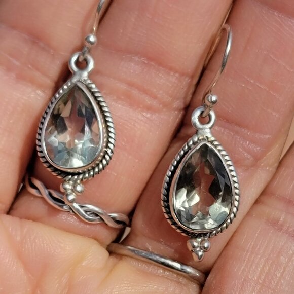 Prasiolite teardrop 925 sterling silver dangle earrings - Picture 2 of 16